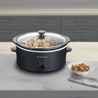 West Bend 6-Quart Slow Cooker - Manual Crockpot with Dishwasher Safe Ceramic Insert & Glass Lid | Black