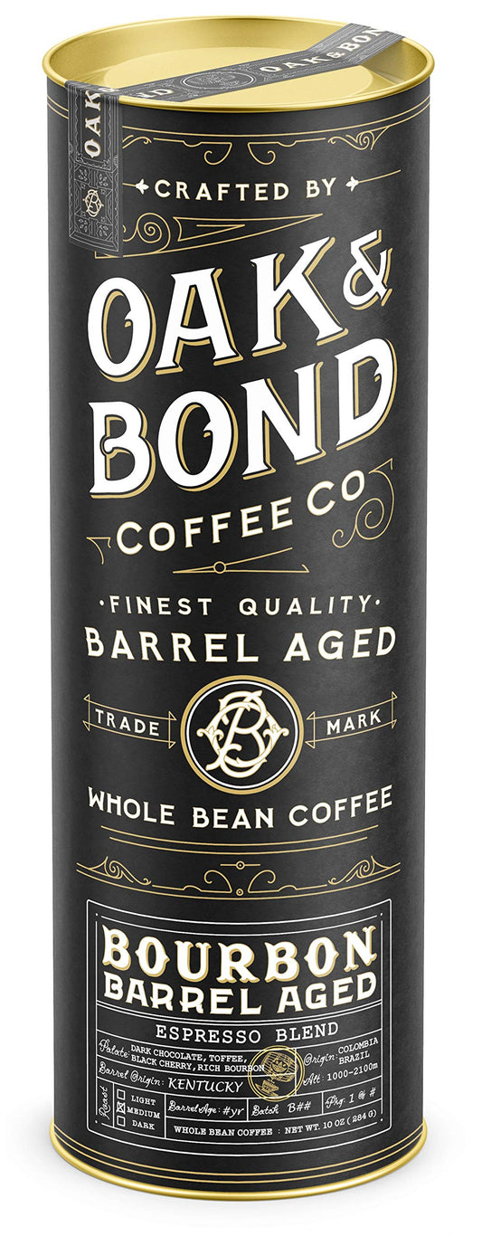 Espresso Bourbon Barrel Aged Coffee, Colombia & Brazil Blend, Whole Bean Arabica, Dark Roast w/ Chocolate, Black Cherry, Toffee, Rich Kentucky Bourbon & Oak Flavors by Oak & Bond Coffee Co. – 10oz.