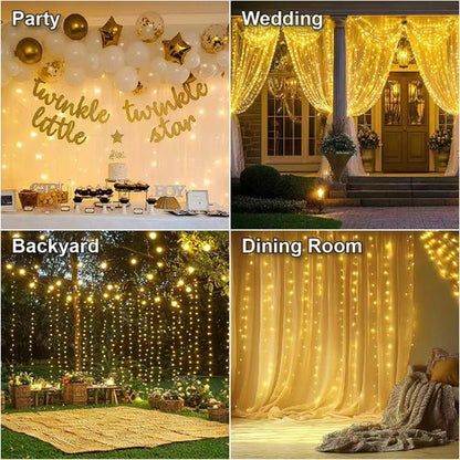 HXWEIYE 300LED Fairy Curtain Lights, 9.8x9.8Ft USB Plug-in 8 Modes Christmas String Hanging Lights with Remote for Bedroom Backdrop Wedding Indoor Wall Decor, Warm White, Standard – 1 Pack