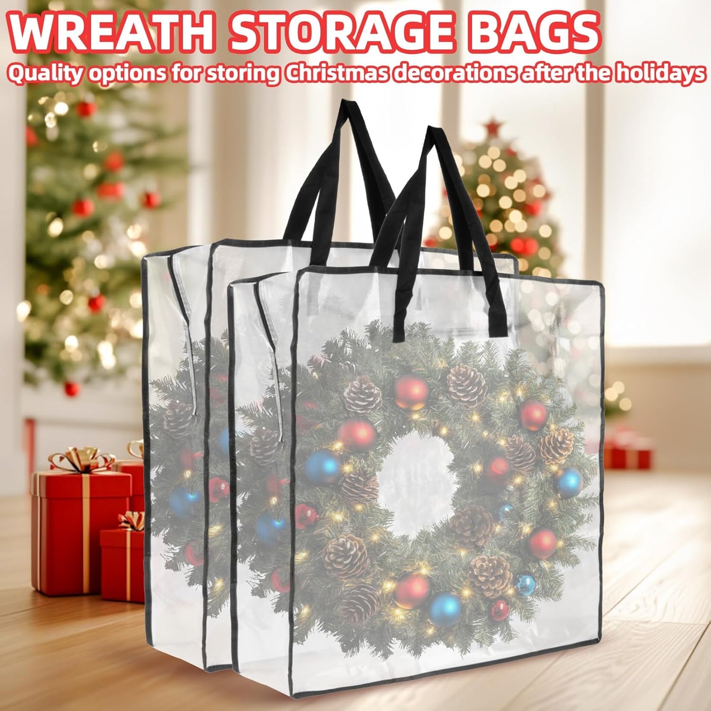 Rainflow Christmas Wreath Storage Container - Heavy-Duty Clear Bags with Zipper for Wreaths & Gifts | 24 Inch