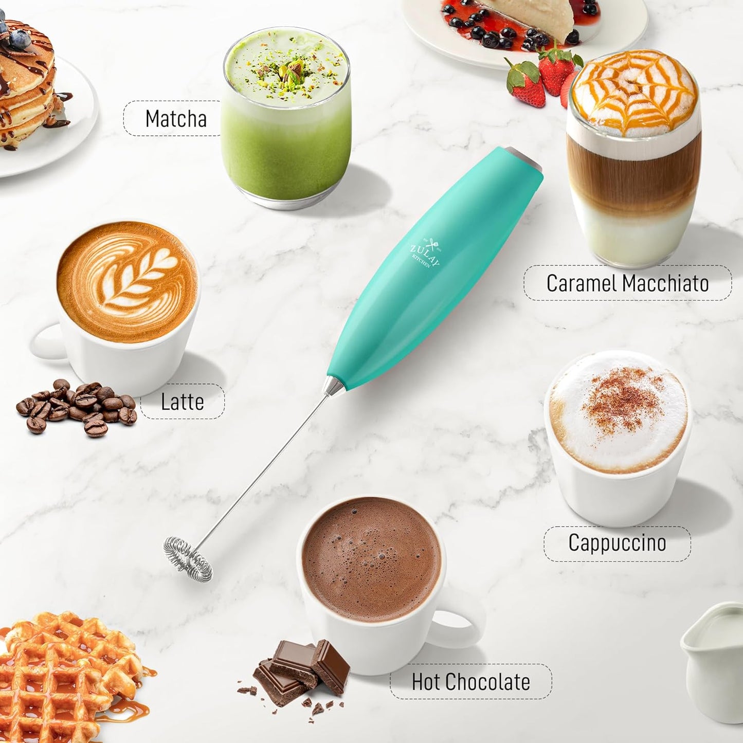 Zulay Kitchen Milk Frother Handheld Electric Whisk with AA Duracell Batteries – Durable Drink Mixer for Coffee, Lattes, Cappuccinos & More - Aqua