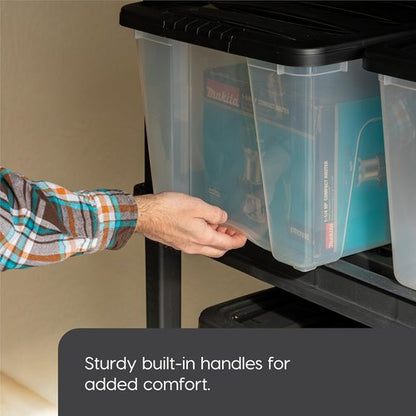 IRIS USA 13 Qt Stackable Storage Bins with Lids - BPA-Free, Durable & Nestable | Clear/Black, 4 Pack