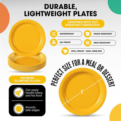 Skiennix Heavy-Duty Yellow Disposable Paper Plates - 9 Inch, 100 Pcs for Parties & Events