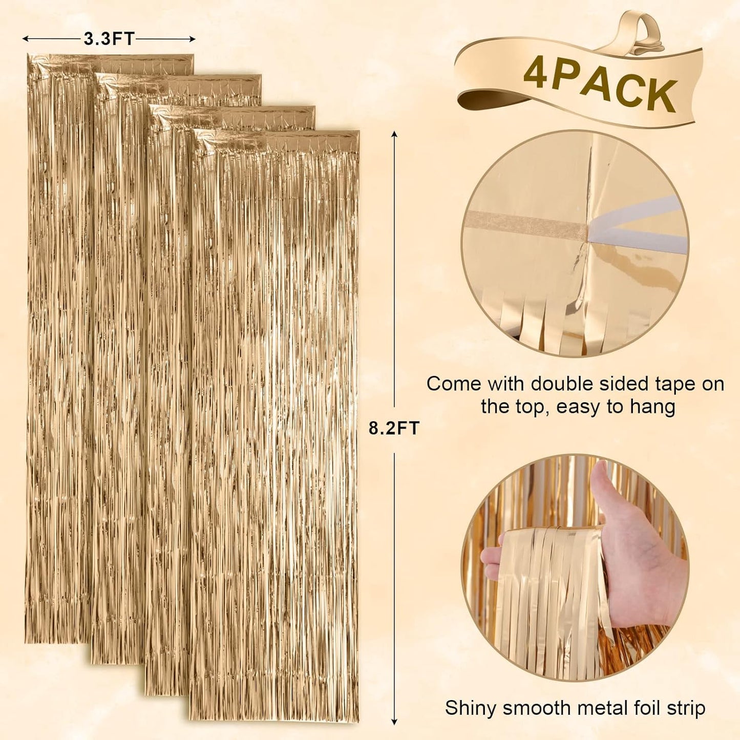 Voircoloria Champagne Foil Fringe Backdrop Curtains - 4 Pack Tinsel Streamers for Parties & Events