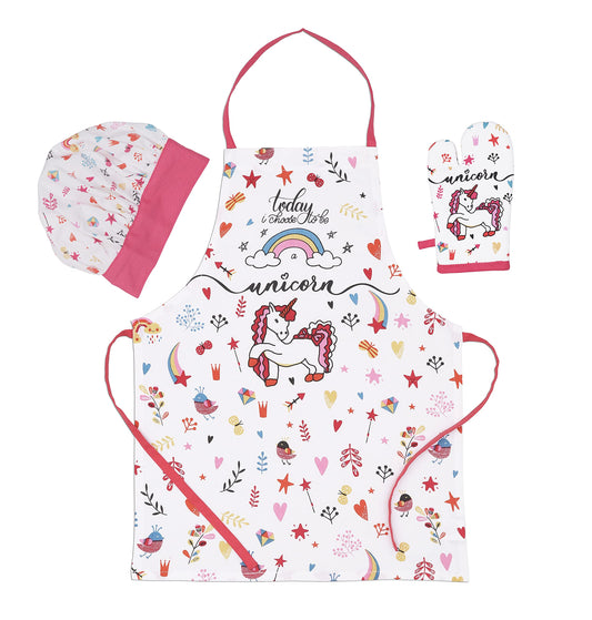 AMOUR INFINI 100% Cotton Unicorn 3-Piece Kitchen Set| Kid's Aprons, Oven Mitts, and Chef Hats|Kitchen Play,Cooking,Grilling,Baking,Thanksgiving,Christmas,Birthday Gift for Girls & Young Chefs