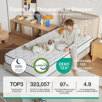 Novilla 8 inch Twin Mattress for Kids,Foam and Spring Hybrid Mattresses Twins for Comfortable Sleep,Steel Coils for Durable Support,CertiPUR-US Certified Foam,Youth/Guest Rooms,Twin Mattress in a Box