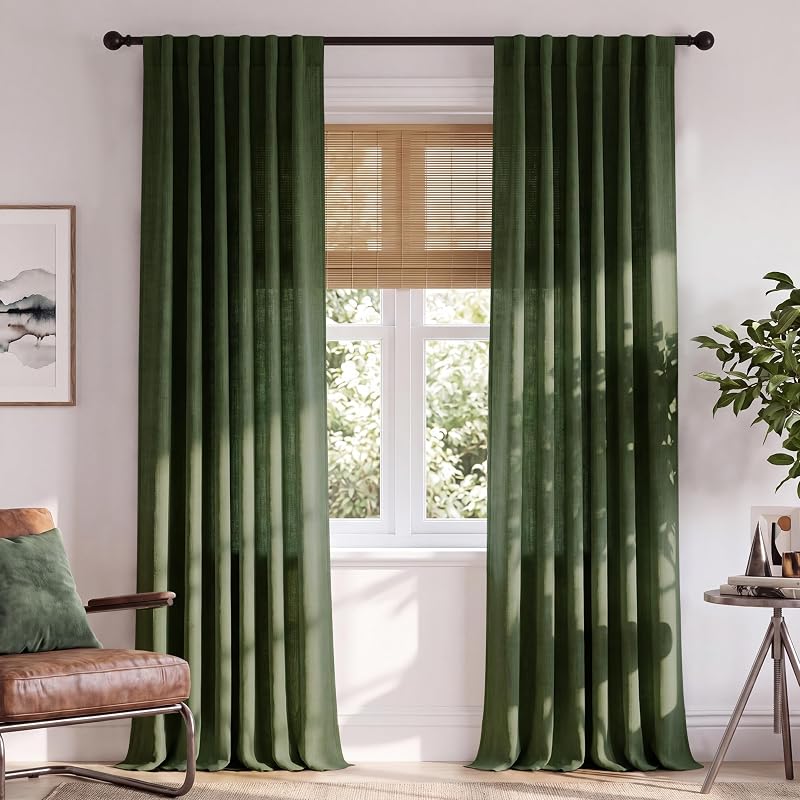 Olive Green Linen Curtains 84 Inch - 2 Panels, Privacy & Light Filtering