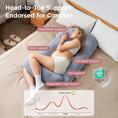 Momcozy Pregnancy Pillow - Dreamlign U Pro Maternity Pillow with Adjustable Leg Support | 50-72 Inch Full Body Comfort for Pregnant Women
