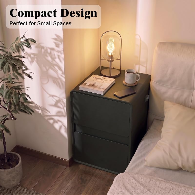 Modern Leather Nightstand with 2 Drawers, USB Charging & 16" Black