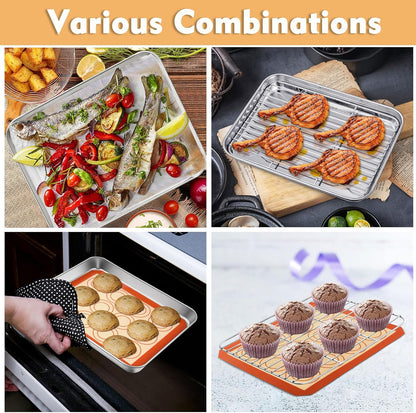 P&P CHEF 9-Inch Baking Sheet Pan Set - Stainless Steel Oven Tray with Rack & Silicone Mat, Dishwasher Safe