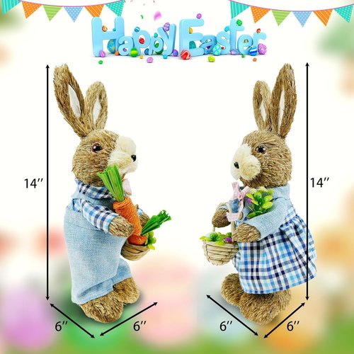 DearSun 14" Easter Straw Bunny Figurine - Blue Sisal Rabbit Holding Carrots | Spring Table Decor for Home & Garden