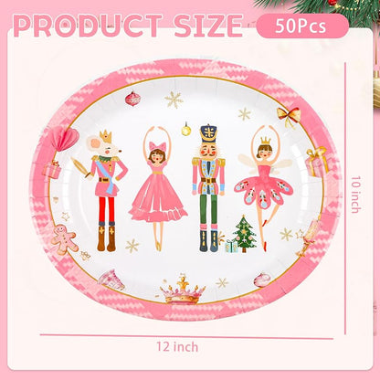 Christmas Pink Nutcracker Heavy-Duty Paper Plates, 10 x 12 Inch, Disposable Holiday Dinnerware - 50 Pack