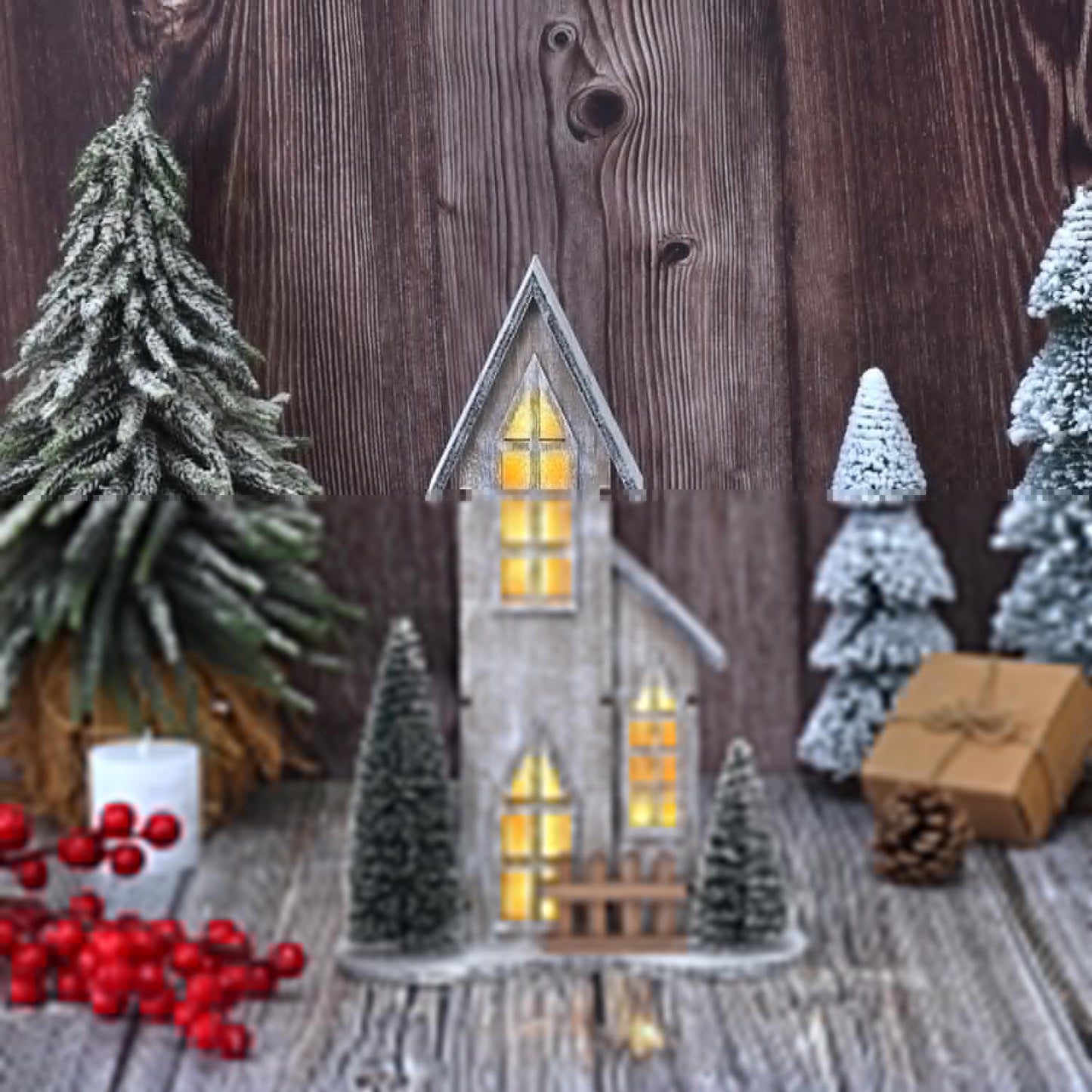 Skiennix Wooden Christmas Village House - LED Lighted Tabletop Decor with Tree | Winter Holiday Centerpiece (Style A)