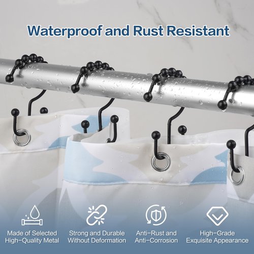 DAWNER Shower Curtain Hooks Rings, Rust Proof Hooks, Metal Easy Glide Double Shower Rings Hooks, Stainless Steel Shower Curtain Hangers for Bathroom Shower Curtains, Set of 12 Hooks, Matte Black