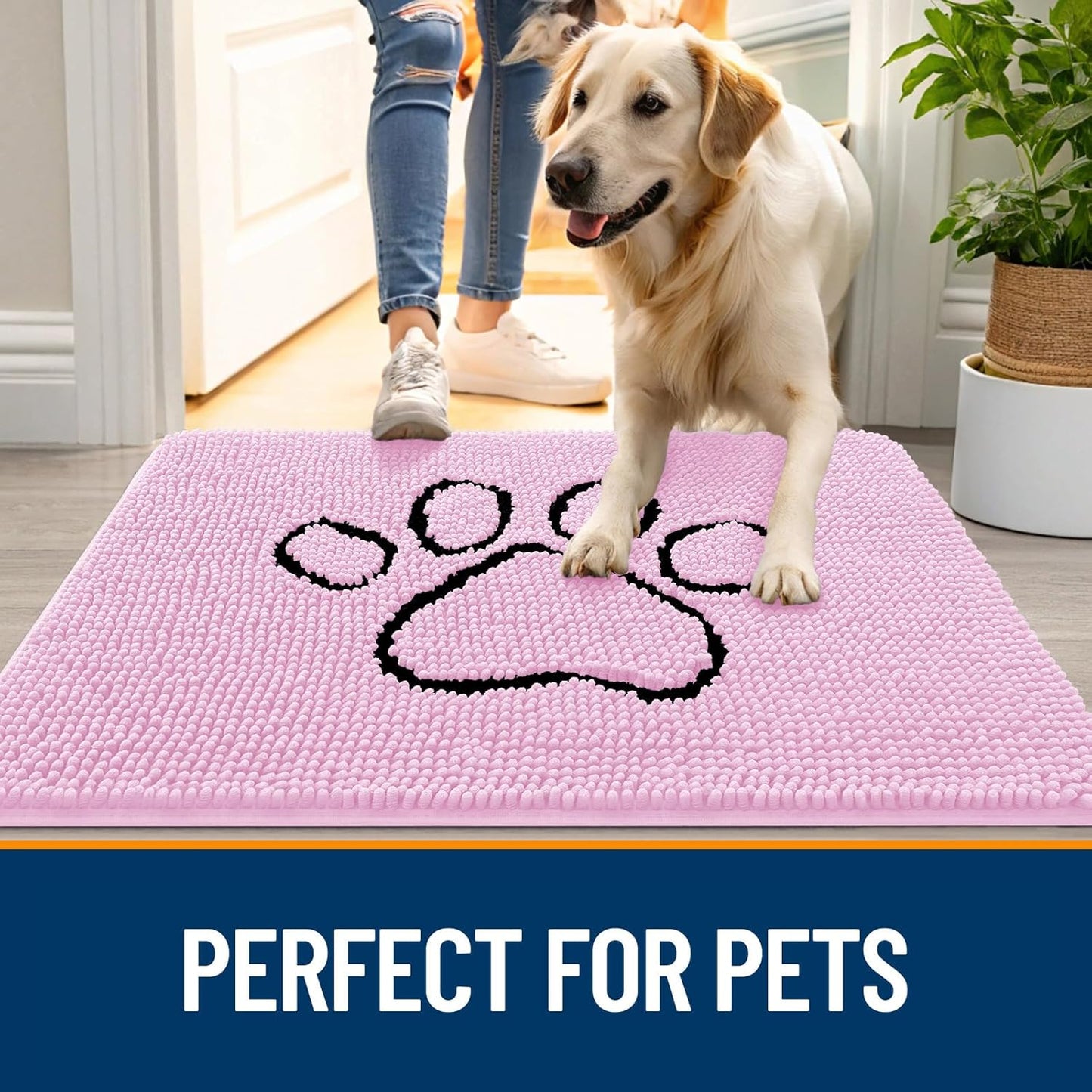 OLANLY Dog Door Mat - Absorbent Non-Slip Mud Mat for Muddy Paws | 48x30 Pink Chenille Design