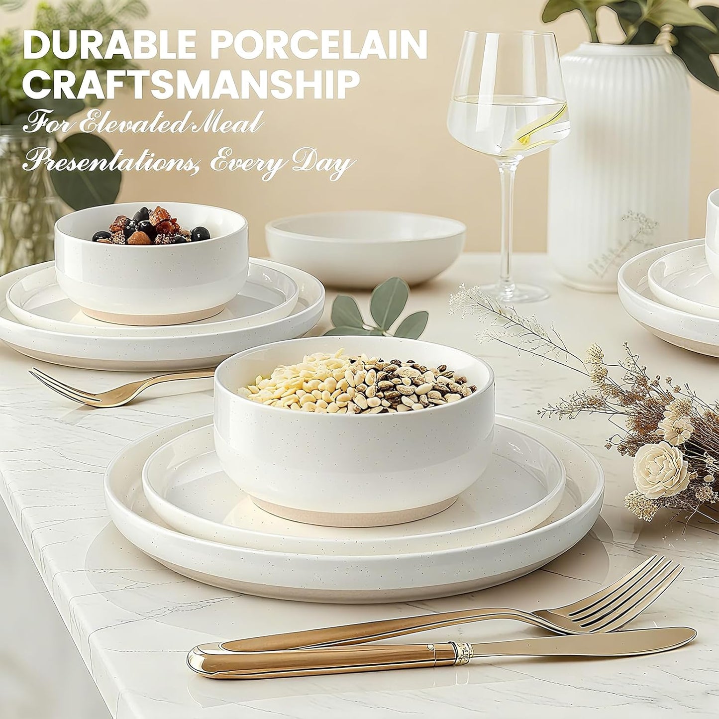 Skiennix Dinnerware Set - 12-Piece Scratch Resistant Plates & Bowls for 4 | Ceramic, Microwave & Dishwasher Safe, Cream White