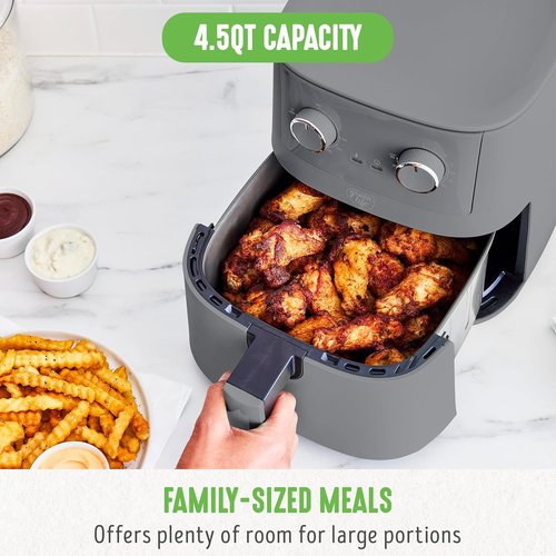 GreenLife 4.5QT Air Fryer - PFAS-Free Ceramic Nonstick, Adjustable Temp & Timer, Compact Graphite Design