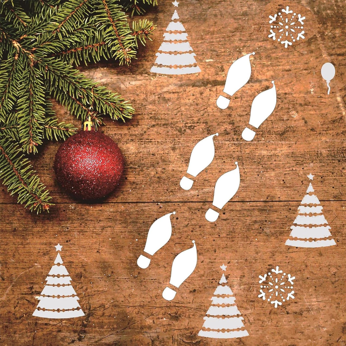 Skiennix 6 Pcs Christmas Santa Footprint Stencils - Reusable Elk & Snowflake Designs for Holiday Decor