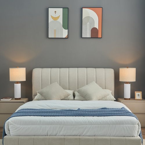 HGNPJC White Ceramic Table Lamp 3 Way Dimmable Nightstand Pottery Lamp Set of 2 with Oatmeal Shade 25" Modern Bedside Desk Lamp with USB A+C for Living Room Bedroom Farmhouse Dining Room Enterway