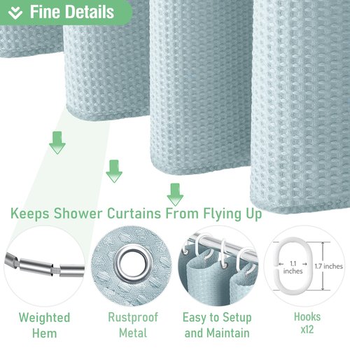Dynamene Long Fabric Shower Curtain - Waffle Textured Tall Heavy Duty Cloth Shower Curtains for Bathroom, 256GSM Large Hotel Spa Luxury Bath Curtain Set with 12 Plastic Hooks(72Wx80H, Fog Blue)