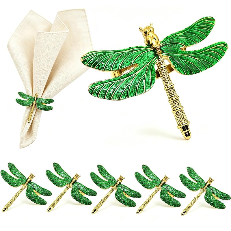 Dragonfly Napkin Rings Set of 6 - Gold Tone Napkin Holders for Fall & Holiday Tables