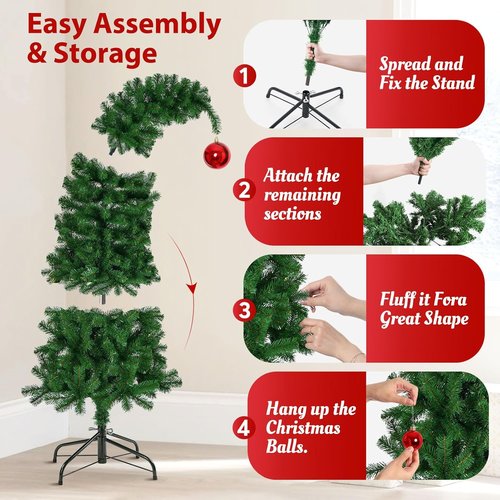 Hatisan 5FT Artificial Christmas Tree - Bent Green Design with Ball Ornaments & Metal Base | Holiday Decor