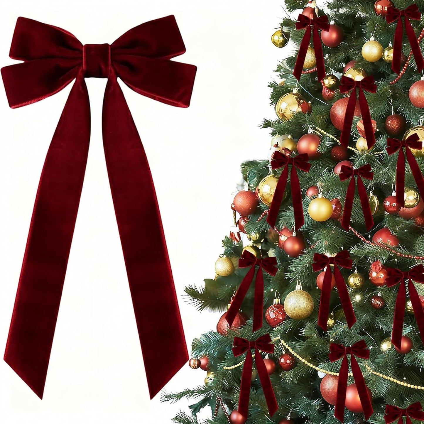 Valentines Tree Decorations | 12 Pcs Wine Red Velvet Ribbon Bows - 5in x 8.7in Xmas Ornaments for Holiday Decor