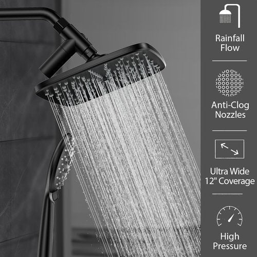 Veken 11.8 Inch Rain Shower Head with Handheld- High Pressure Dual Shower Heads with 5 Modes Handheld Spray Combo- Wide Rainfall Showerhead with Hose, Bathroom Accessories, Matte Black