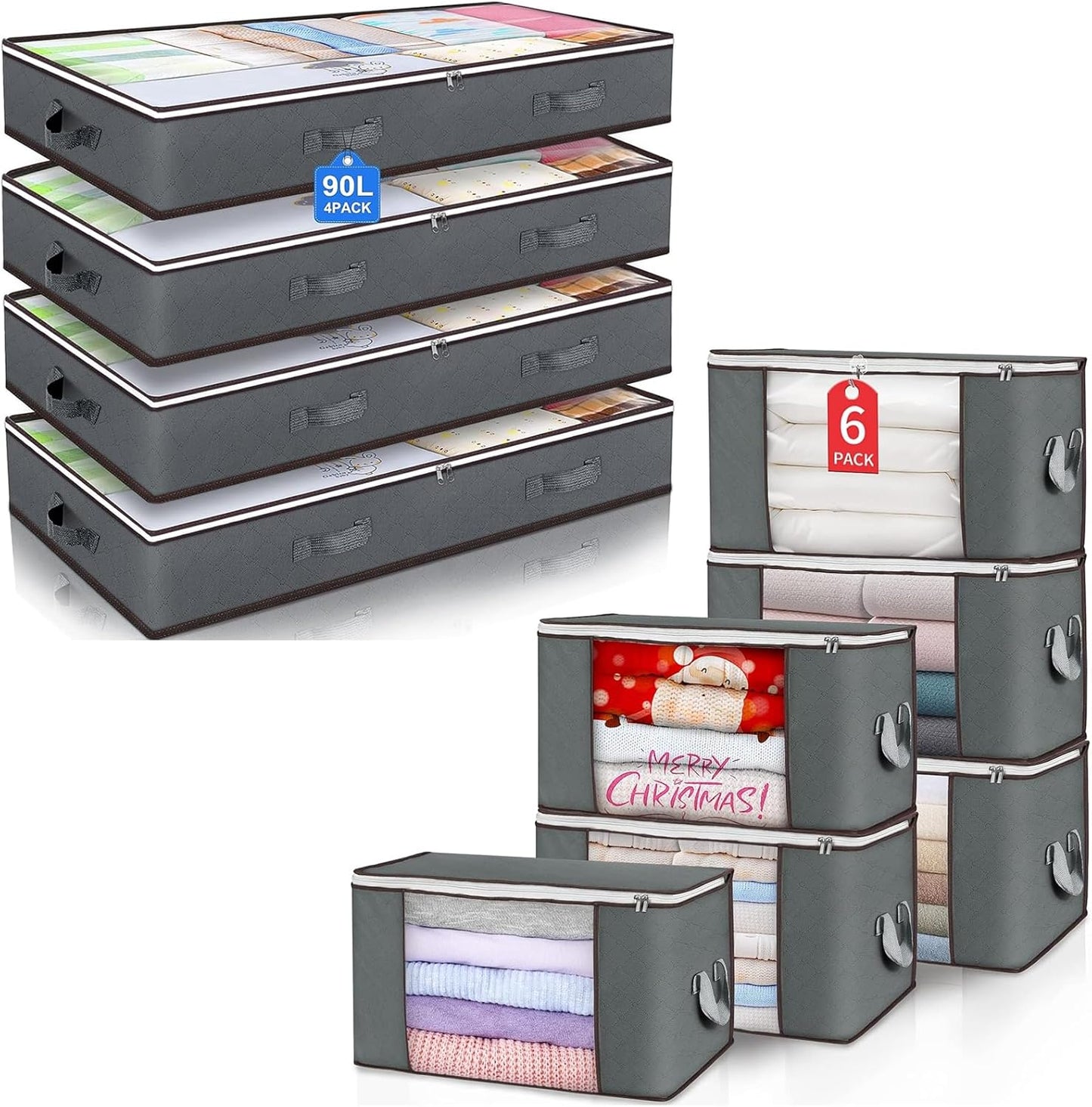 Skiennix 90L Large Storage Bags - 6 Pack & Under Bed Storage Containers - Gray, Reinforced Handles for Clothes & Bedding