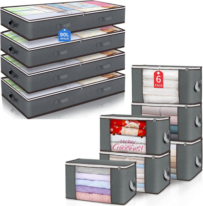 Skiennix 90L Large Storage Bags - 6 Pack & Under Bed Storage Containers - Gray, Reinforced Handles for Clothes & Bedding