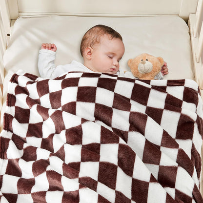 Yurhap Checkered Baby Blanket - Super Soft Fleece for Boys & Girls | 30x40 Inch, Brown