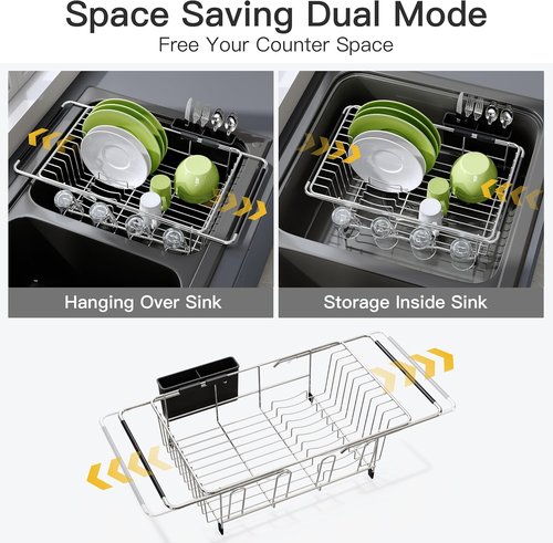 JASIWAY Expandable Stainless Steel Dish Drying Rack - In-Sink Design with Utensil Holder | Silver Finish