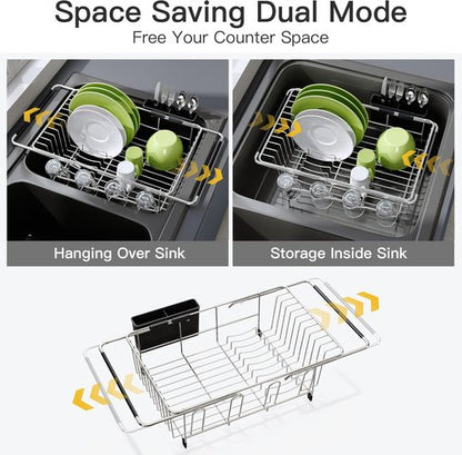 JASIWAY Expandable Stainless Steel Dish Drying Rack - In-Sink Design with Utensil Holder | Silver Finish