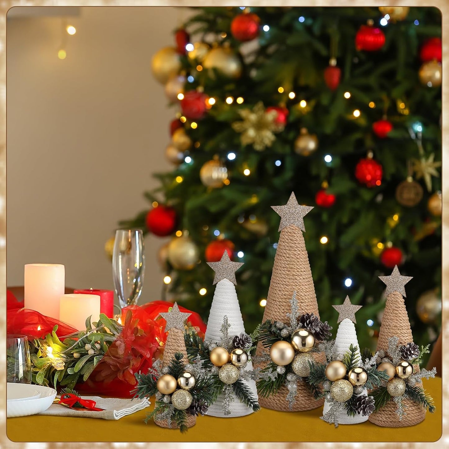 Thyle Christmas Yarn Trees - 5 Pcs Artificial Cone Tree Set with Stars | Festive Tabletop Decor for Holidays