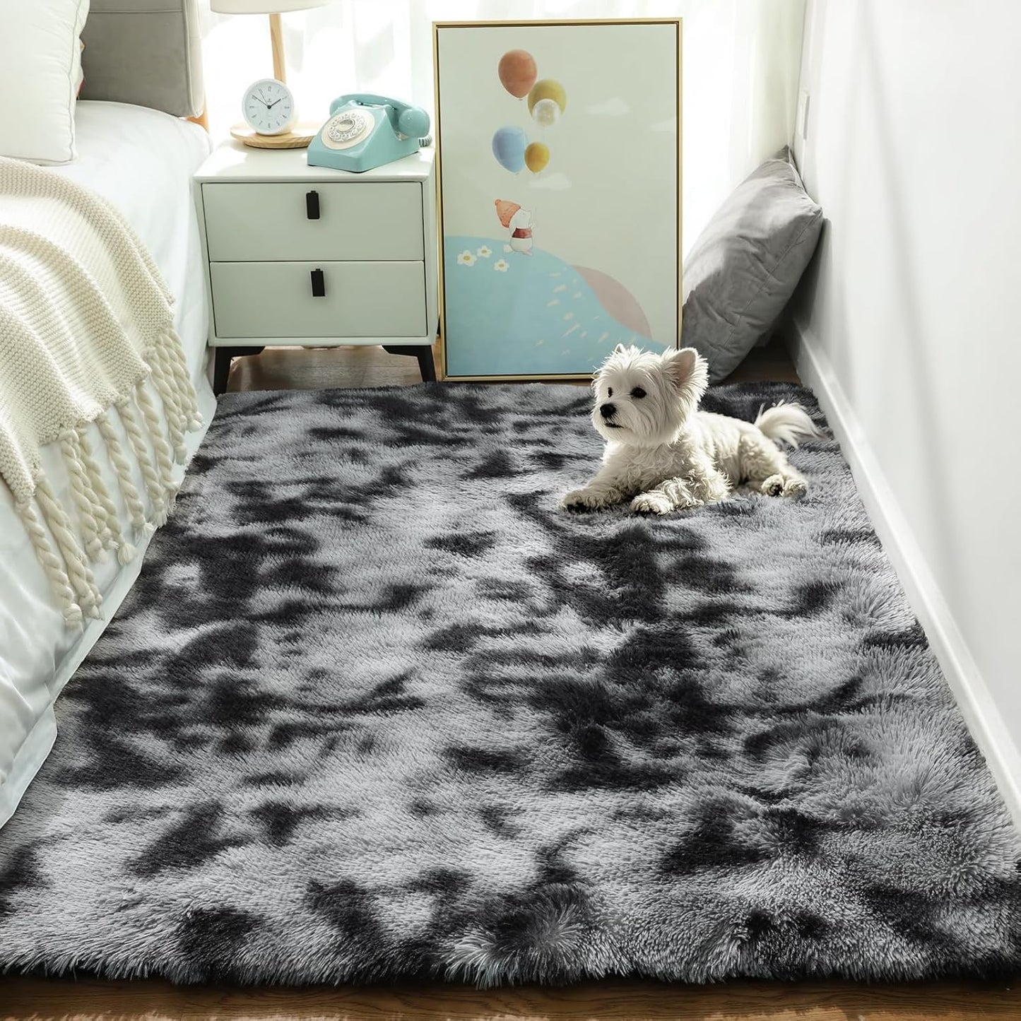 Ophanie Tie-Dyed Black & Grey Area Rug - Fluffy Shag Plush Carpet for Bedroom & Living Room | 4x6 Indoor Decor