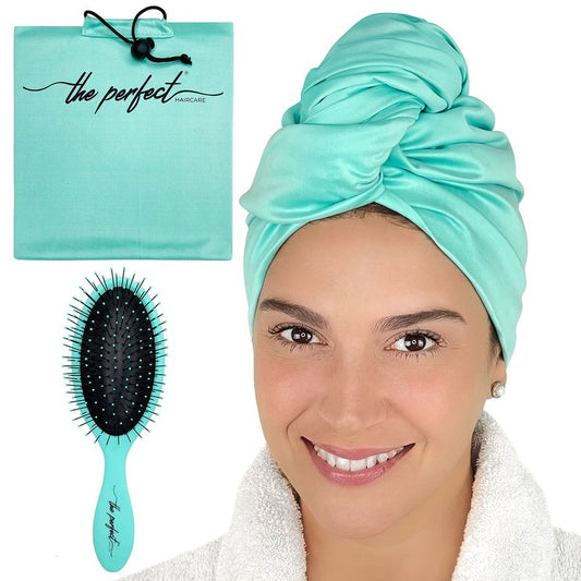 Microfiber Hair Towel Wrap with Wet & Dry Detangling Brush – Fast Drying Anti-Frizz Hair Drying Turban for Curly, Wavy and Straight Hair – Gentle Absorbent Hair Care for Women, Girls and Kids