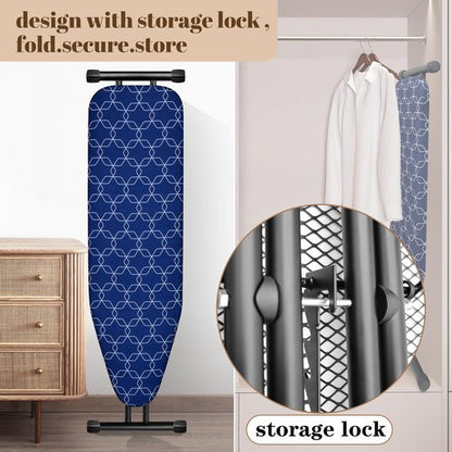 Deegureet Classic Ironing Board, Compact and Space Saver,Size 43 x 13 Ironing Board, Extra Wide Ironing Area with Extra Thick Heavy Duty Padded, Stable Structure,Easy to Fold Blue Geometry
