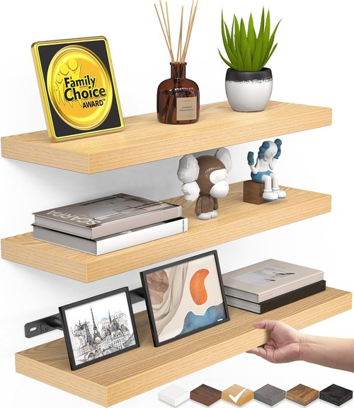 BAYKA Floating Wall Shelves - Rustic Wood Design for Bathroom, Bedroom & Living Room | Set of 3 (Light Oak, 15.7in)