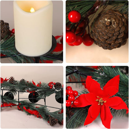 MorTime Christmas Centerpiece - 3 Candle Holders with Red Flowers & Pinecones | Festive Table Decor
