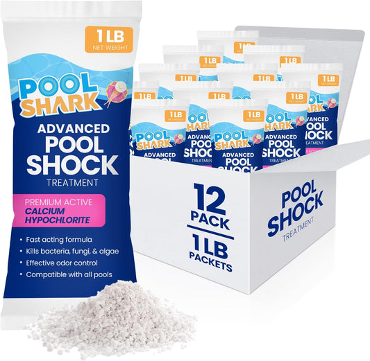 Pool Shark 68% Calcium Hypochlorite Pool Shock - 12 Pack Chlorine Granules | 1 lb Bags for Inground & Above Ground Pools