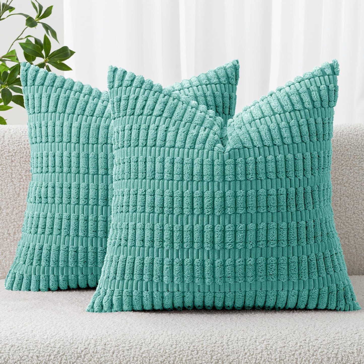 MIULEE Corduroy Throw Pillow Covers - Soft Boho Striped Design | 18x18 Inch Aqua Green for Modern Farmhouse Decor