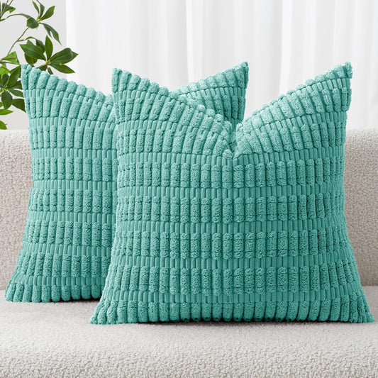 MIULEE Corduroy Throw Pillow Covers - Soft Boho Striped Design | 18x18 Inch Aqua Green for Modern Farmhouse Decor