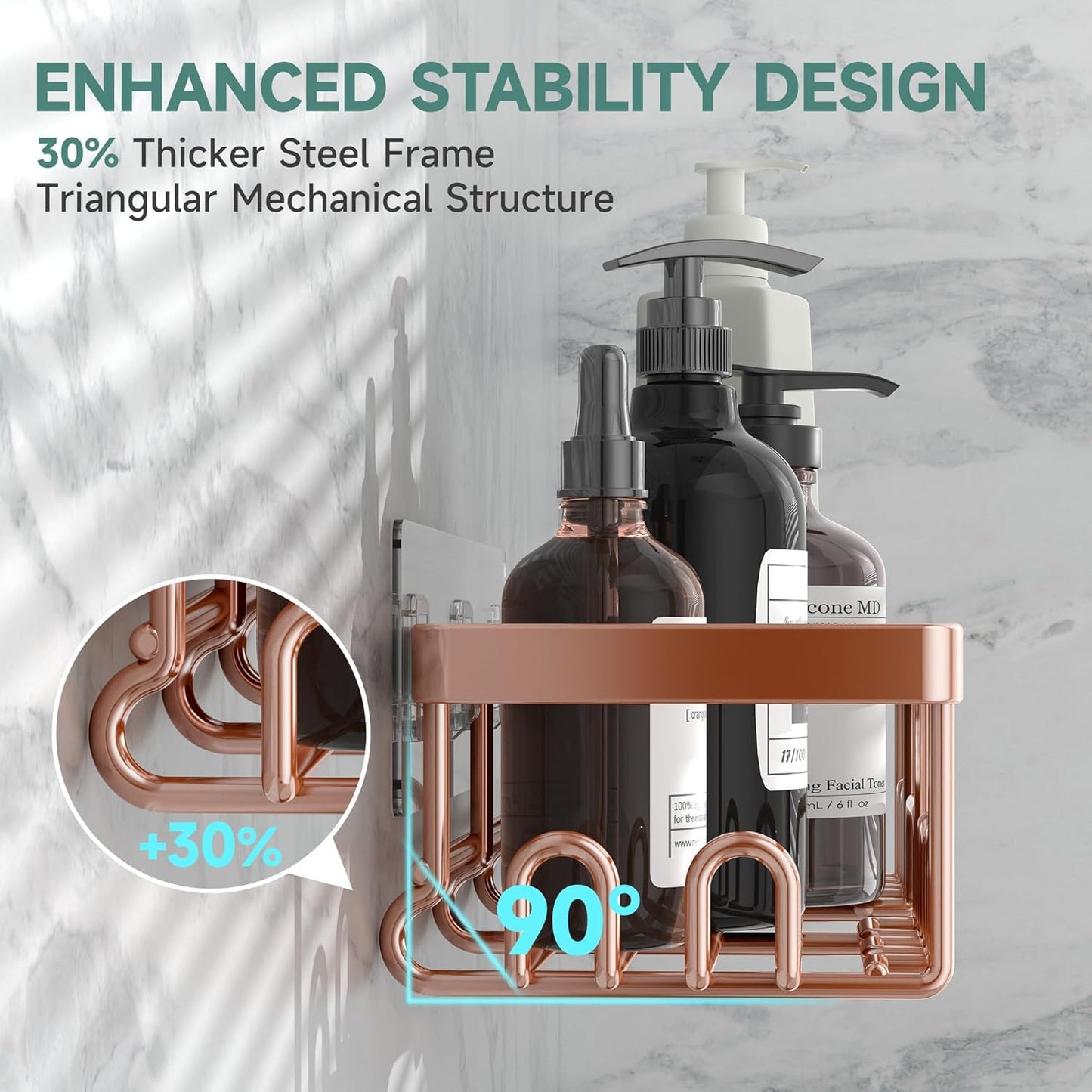 Veken Shower Caddy - 6-Pack Waterproof Adhesive Shelves | No Drilling, Rustproof, Large Capacity - Rose Gold