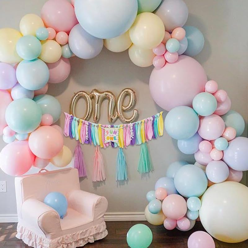 Fun to Be One High Chair Banner - Pre-Strung Pastel Fabric World Baby Party Décor