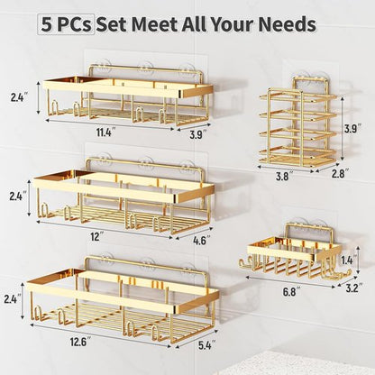 Liuoud Shower Caddy Organizer - Rustproof Stainless Steel Wall Storage Basket Set - Gold Finish, 5 Pack