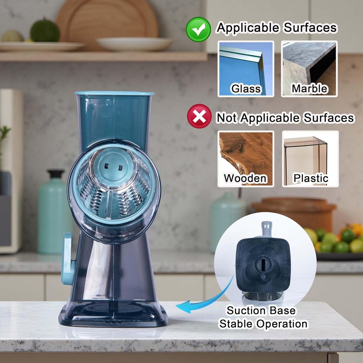 Rotary Cheese Grater by [Brand Name] - Handheld Cheese Shredder with Strong Suction Base | 3 Stainless Drum Blades, Easy to Clean (Blue)
