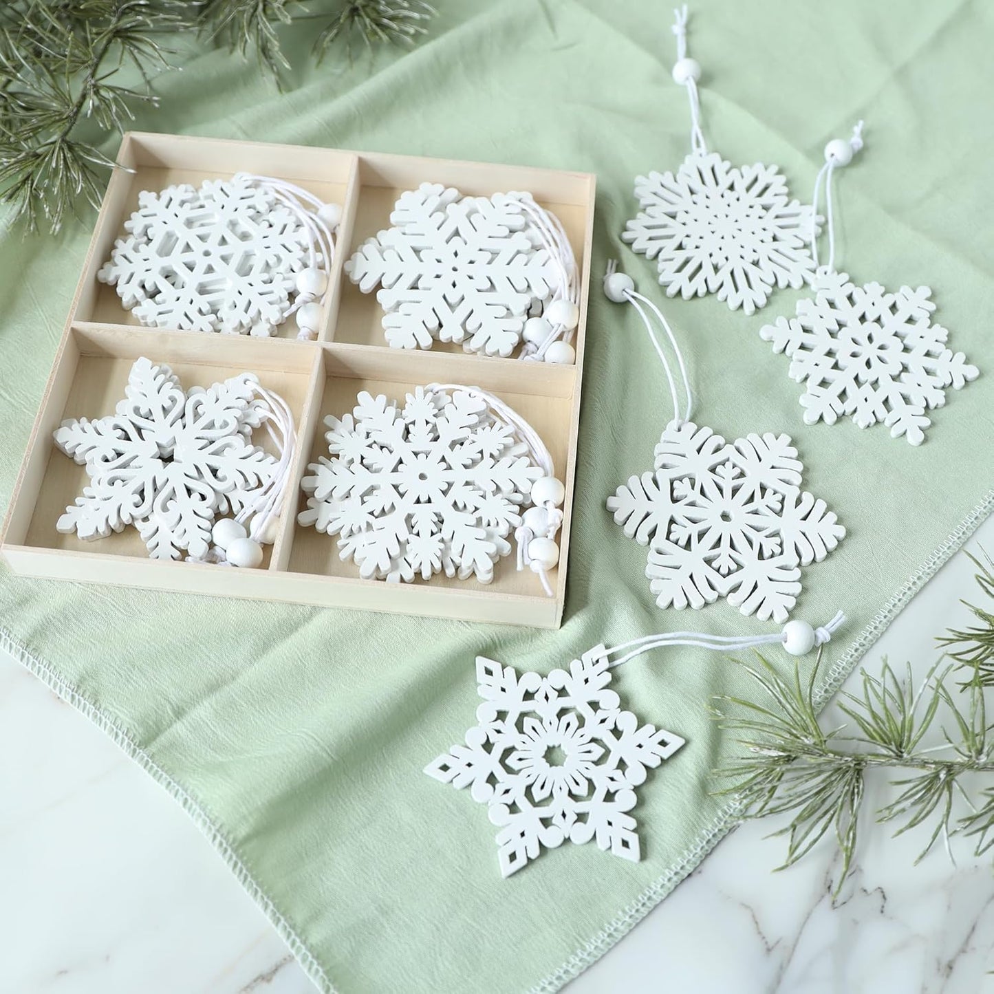 Skiennix 16-Piece White Snowflake Ornaments - 3-Inch Wooden Christmas Decorations for Winter Trees