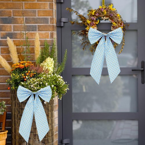 HunnmingRe Christmas Wreath Sash - 24 x 16 Inch Blue & Green Block Print Bow for Indoor/Outdoor Decor