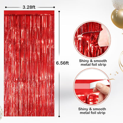 Red Metallic Tinsel Foil Fringe Curtains by [Brand Name] - 2 Pack Photo Booth Backdrop for Parties & Events