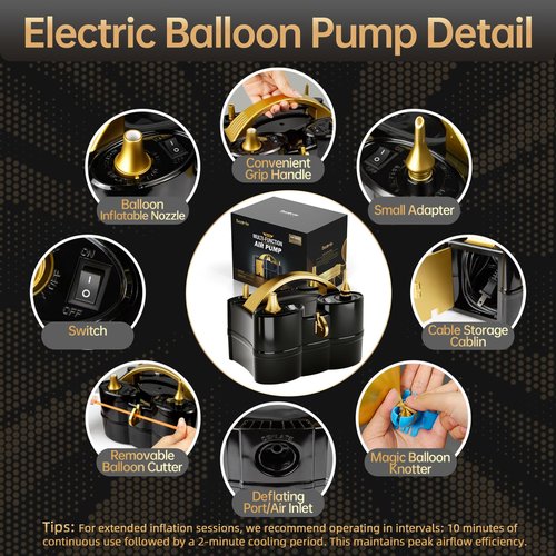 Bezente Balloon Pump Electric, 3-in-1 Portable Black Gold Electric Air Machine Balloon Pump Dual Nozzle Balloon Inflator for Inflatables and Latex 260q Foil Balloons